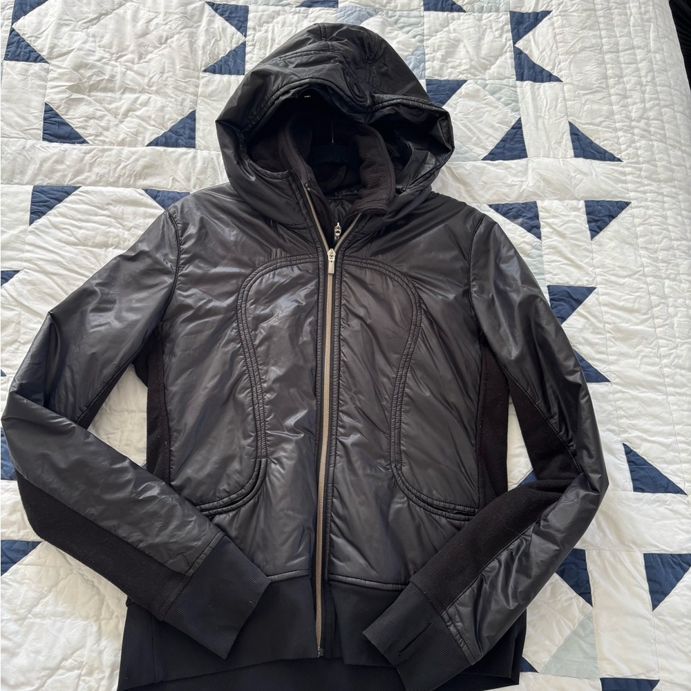 Lululemon Black Shiny Layered Full Zip Hoodie Jacket Women’s 10 - Picture 2 of 7